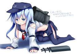 Rule 34 | 10s, 1girl, all fours, blue eyes, blue hair, blush, commentary request, hat, hibiki (kancolle), kantai collection, long hair, looking at viewer, matching hair/eyes, pantyhose, school uniform, serafuku, simple background, solo, thighhighs, torn clothes, torn legwear, translation request, tsubasa (abchipika), white background