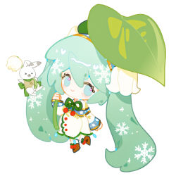 Rule 34 | 1girl, chibi, chinese commentary, floating, flower, full body, hatsune miku, holding, holding flower, holding leaf, indai (3330425), leaf, lily of the valley, rabbit, rabbit yukine, simple background, solo, vocaloid, white background, yuki miku, yuki miku (2015)