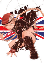 Rule 34 | 1girl, alternate costume, bare legs, blonde hair, boots, braid, cabbie hat, cammy white, capcom, casual, cross-laced footwear, fingerless gloves, gloves, green eyes, hat, jacket, knee boots, lace-up boots, leather, leather jacket, long hair, okazuwa shake, on one knee, open clothes, open jacket, red hat, scar, short shorts, shorts, solo, street fighter, twin braids, union jack
