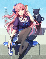 Rule 34 | 1girl, animal, bird, black cat, black pantyhose, blue dress, blush, bow, bracelet, breasts, brooch, cat, commentary request, convenient leg, dress, emily (ririko), feet, frilled dress, frills, gradient dress, hair bow, hair ribbon, hand up, head tilt, holding, holding shoes, jewelry, knee up, lighthouse, long hair, looking at viewer, one side up, open mouth, original, pantyhose, parted lips, pink eyes, pink hair, puffy short sleeves, puffy sleeves, purple dress, ribbon, ririko (zhuoyandesailaer), shoes, unworn shoes, short sleeves, side ponytail, sitting, sitting on stairs, smile, solo, stairs, star (symbol), thighband pantyhose, toes
