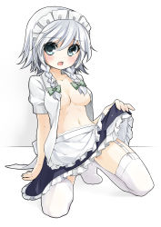 Rule 34 | 1girl, apron, bad id, bad pixiv id, blue eyes, blush, braid, breasts, clothes lift, collarbone, dress shirt, female focus, frenchmaid (made in frenchmaid), garter straps, hair ribbon, highres, izayoi sakuya, kneeling, looking at viewer, maid, maid apron, maid headdress, midriff, navel, no bra, open clothes, open mouth, open shirt, ribbon, shirt, silver hair, skirt, skirt lift, solo, thighhighs, touhou, twin braids, waist apron, white thighhighs, zettai ryouiki