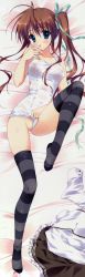 Rule 34 | 1girl, absurdres, akane-iro ni somaru saka, bandaid, bandaid on pussy, bed, bed sheet, black thighhighs, blush, breasts, brown hair, clothing aside, collarbone, dakimakura (medium), from above, full body, green eyes, highres, huge filesize, legs, long image, long legs, looking at viewer, nagase minato, nipples, on bed, one-piece swimsuit, ryouka (suzuya), school swimsuit, school uniform, see-through, side ponytail, solo, striped clothes, striped thighhighs, swimsuit, swimsuit aside, tall image, thighhighs, wet, wet clothes, wet swimsuit, white one-piece swimsuit, white school swimsuit
