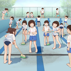 Rule 34 | 4boys, 6+girls, ^ ^, child, closed eyes, kiyo (kyokyo1220), legs, multiple boys, multiple girls, original, school swimsuit, see-through, smile, swimsuit, wet