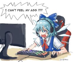 Rule 34 | 1girl, artist name, blue bow, blue dress, blue eyes, blue hair, bow, chair, cirno, commentary, desk, dress, english commentary, english text, gaming chair, hair bow, headphones, headset, ice, ice wings, keyboard (computer), monitor, motion lines, mouse (computer), neck ribbon, oekaki, playing games, red ribbon, ribbon, sanpaku, screaming, shirt, short hair, short sleeves, sitting, solo, speech bubble, sweat, swivel chair, touhou, trembling, twitter username, upper body, white shirt, wing collar, wings, wwparasi