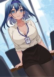 Rule 34 | 1girl, alternate costume, black pantyhose, blue eyes, blue hair, blush, breasts, chair, checking watch, cleavage, collarbone, dark blue hair, dutch angle, earrings, hair intakes, highres, hololive, hololive english, id card, indoors, jewelry, lanyard, large breasts, long sleeves, medium hair, office lady, ouro kronii, pantyhose, pencil skirt, skirt, sleeves rolled up, smile, solo, table, ten-chan (eternal s), virtual youtuber, watch, window, wing collar
