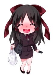 Rule 34 | 1girl, :d, ^ ^, absurdres, bag, black footwear, black hair, black jacket, black skirt, blazer, blush, bow, breasts, briefcase, chibi, chibi only, closed eyes, collared shirt, commentary request, cookie (touhou), dairi (20xw4xcge113436), drooling, facing viewer, full body, hair between eyes, hair bow, hair tubes, hakurei reimu, highres, holding, jacket, large breasts, long hair, long sleeves, mouth drool, office lady, open mouth, pencil skirt, plastic bag, red bow, sananana (cookie), shirt, shoes, sidelocks, simple background, skirt, smile, solo, standing, touhou, white background, white shirt