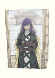 Rule 34 | absurdres, brown hair, closed mouth, cross-laced clothes, dishes, dress, closed eyes, food, gradient hair, highres, hijiri byakuren, holding, holding tray, layered dress, long hair, multicolored hair, puffy sleeves, purple hair, sketch, suintuo5g, touhou, tray, two-tone hair, wavy hair, white dress