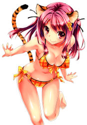 Rule 34 | 1girl, absurdres, animal ears, bare shoulders, barefoot, bikini, blush, breasts, cat ears, cleavage, collarbone, covered erect nipples, flower, front-tie top, hair flower, hair ornament, hairclip, highres, kikurage (plastic people), large breasts, legs, long hair, looking at viewer, navel, orange bikini, original, outstretched hand, pink hair, plaid, plaid bikini, red eyes, ribbon, shiny skin, side-tie bikini bottom, skindentation, smile, solo, swimsuit, tail, tiger ears, tiger tail, twintails