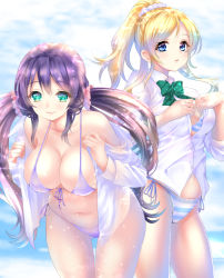 Rule 34 | 10s, 2girls, aqua eyes, ayase eli, bad id, bad pixiv id, bent over, bikini, bikini under clothes, blonde hair, blue eyes, blurry, blush, bokeh, bow, bowtie, breasts, buttons, cleavage, closed mouth, collarbone, collared shirt, cowboy shot, day, depth of field, dress shirt, front-tie bikini top, front-tie top, gluteal fold, hair ornament, hair scrunchie, large breasts, leaning forward, long hair, looking at viewer, love live!, love live! school idol project, low twintails, multiple girls, navel, no pants, open clothes, open shirt, parted lips, ponytail, ponytail korosuke, purple bikini, purple hair, school uniform, scrunchie, shirt, side-tie bikini bottom, sky, smile, sparkle, standing, stomach, striped bikini, striped bow, striped bowtie, striped clothes, striped neckwear, swept bangs, swimsuit, swimsuit under clothes, thigh gap, tojo nozomi, twintails, unbuttoned, undressing, water drop, white shirt