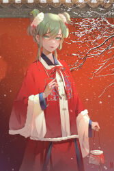 Rule 34 | 1girl, alternate hairstyle, bag, branch, closed mouth, commentary, cowboy shot, fur-trimmed shirt, fur trim, green eyes, green hair, green nails, hair between eyes, hatsune miku, highres, holding, holding bag, kinchaku, long hair, long sleeves, looking at viewer, nail polish, pouch, red lips, red shirt, red skirt, shirt, skirt, smile, snow, snowing, standing, traditional clothes, vocaloid, wangza, wide sleeves, winter