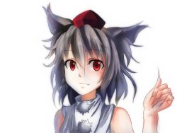 Rule 34 | 1girl, animal ears, bad id, bad pixiv id, bare shoulders, fang, fang out, fingernails, hand up, hat, high collar, inubashiri momiji, long fingernails, looking at viewer, nununu!!, red eyes, short hair, silver hair, simple background, smile, solo, tokin hat, touhou, upper body, white background, wolf ears