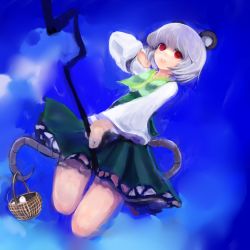 Rule 34 | 1girl, animal ears, bad id, bad pixiv id, basket, day, dowsing rod, female focus, grey hair, highres, maccha cocoa, maccha cocoa (mococo), mouse (animal), mouse ears, mouse tail, nazrin, red eyes, short hair, skirt, sky, solo, tail, touhou