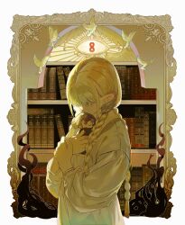 Rule 34 | 1girl, absurdres, aged down, bird, blonde hair, book, bookshelf, border, braid, character doll, child, closed eyes, colored eyelashes, crying, doll, dress, dungeon meshi, elf, hands on own chest, highres, holding, holding doll, hoseek, infinity symbol, inset border, long hair, marcille donato, multiple braids, nightgown, ornate border, pointy ears, solo, upper body, white dress