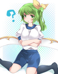 Rule 34 | 1girl, :o, ?, bad anatomy, bad id, bad leg, bad pixiv id, black socks, blush, bow, breast hold, breasts, crossed arms, daiyousei, fairy wings, green eyes, green hair, gym uniform, hair bow, halftone, halftone background, hammer (sunset beach), kneehighs, large breasts, looking at viewer, matching hair/eyes, short hair, shorts, side ponytail, sitting, socks, solo, spoken question mark, touhou, wariza, wings