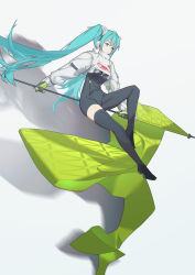 Rule 34 | 1girl, :o, aqua eyes, aqua hair, black bodysuit, black footwear, black gloves, bodysuit, boots, breasts, clothes writing, crop top, flag, full body, gloves, green gloves, hatsune miku, highres, holding, hui feng, long hair, long sleeves, looking away, medium breasts, parted lips, racing miku, racing miku (2022), see-through, simple background, single thigh boot, skin tight, solo, thigh boots, thighhighs, twintails, two-tone gloves, very long hair, vocaloid, white background
