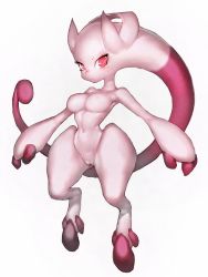 Rule 34 | 1girl, bad id, bad tumblr id, breasts, creatures (company), floating, full body, fumio (rsqkr), furry, furry female, game freak, gen 1 pokemon, large breasts, legendary pokemon, looking at viewer, mega mewtwo y, mega pokemon, mewtwo, monster girl, navel, nintendo, nipples, nude, personification, pokemon, pussy, red eyes, simple background, solo, thighs, uncensored, white background