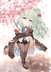 Rule 34 | 1girl, american flag, american flag print, arm belt, azur lane, bare shoulders, belt, black pantyhose, black skirt, blue bow, blurry, blurry foreground, blush, bow, bowtie, brick floor, brown coat, brown footwear, cherry blossoms, chestnut mouth, clothing cutout, coat, collared shirt, commentary request, crossed arms, drill hair, falling petals, flag print, flat chest, full body, glasses, green hair, hair between eyes, hair bow, hair bun, head tilt, highres, holding, holding pointer, juugou taki, langley (azur lane), loafers, long hair, long sleeves, looking at viewer, miniskirt, navel cutout, off-shoulder coat, off shoulder, open clothes, open coat, open mouth, pantyhose, petals, pointer, red bow, retrofit (azur lane), ribbon, shade, shadow, shirt, shoes, side bun, sidelocks, single hair bun, single side bun, skirt, sleeveless, sleeveless shirt, solo, standing, swept bangs, white background, white belt, white shirt, yellow eyes