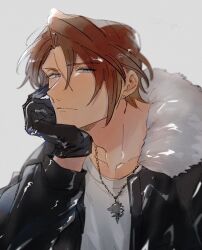Rule 34 | 1boy, black gloves, black jacket, black sleeves, blue eyes, brown hair, chain necklace, earrings, expressionless, final fantasy, final fantasy viii, fur-trimmed jacket, fur trim, gloves, grey background, hand on own chin, highres, jacket, jewelry, male focus, necklace, scar, scar on face, shio ga, shirt, short hair, single earring, solo, squall leonhart, white shirt