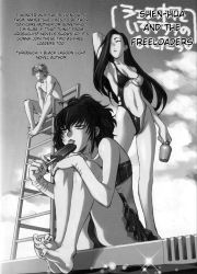 Rule 34 | 00s, 1boy, 2girls, agua-verde, armpits, barefoot, black lagoon, drink, feet, food, greyscale, hard-translated, highres, hiroe rei, ice cream, lifeguard, monochrome, multiple girls, nail art, nail polish, non-web source, official art, rotton the wizard, frederica sawyer, scar, scar on neck, shenhua, swimsuit, third-party edit, toes, translated
