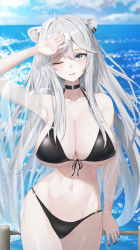 Rule 34 | ;d, absurdres, against railing, ahoge, animal ears, arm at side, arm up, armpits, bad id, bad pixiv id, bikini, black bikini, black choker, black ribbon, blue eyes, blush, breasts, choker, cleavage, cowboy shot, day, front-tie bikini top, front-tie top, highres, hololive, large breasts, lion ears, long hair, looking at viewer, ocean, one eye closed, open mouth, outdoors, parted lips, railing, renge (730), ribbon, shishiro botan, smile, swimsuit, very long hair, virtual youtuber, water, white hair