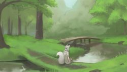 Rule 34 | 1girl, animal ears, bridge, day, facing away, forest, fox ears, fox tail, from behind, grass, green theme, highres, hood, hood down, nature, original, outdoors, paintrfiend, ripples, river, robe, rock, scenery, short sleeves, sitting, solo, tail, tree, white hair, white robe