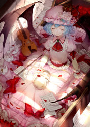 Rule 34 | 1girl, bat wings, blue hair, book, brooch, closed mouth, coffin, ascot, crown, ekita kuro, closed eyes, flower, from above, full body, hat, hat flower, hat ribbon, highres, instrument, jewelry, mini crown, mob cap, petals, pink skirt, red flower, red ribbon, red rose, remilia scarlet, ribbon, rose, rose petals, sheet music, sitting, skirt, skirt set, skull, solo, sunlight, touhou, violin, white flower, white ribbon, white rose, wings, wrist cuffs