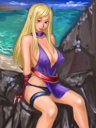 Rule 34 | 1girl, arm support, beach, blonde hair, blue eyes, breasts, cleavage, dress, fingerless gloves, gloves, highres, jenet behrn, large breasts, legs, long hair, looking at viewer, ocean, sitting, smile, snk, solo, the king of fighters, thighs, thong, tongue, tongue out, underwear, water