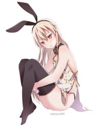 Rule 34 | 1girl, alternate costume, black thighhighs, blonde hair, blush, brown eyes, china dress, chinese clothes, dress, full body, hair between eyes, highres, hugging own legs, kantai collection, kukimaru, long hair, one-hour drawing challenge, parted lips, shimakaze (kancolle), simple background, solo, thighhighs, twitter username, white background, white dress