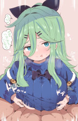 Rule 34 | 1boy, 1girl, :p, alternate costume, black ribbon, blue sweater, braid, breasts, clothed female nude male, clothed sex, commentary request, green eyes, green hair, hair between eyes, hair flaps, hair ornament, hair ribbon, hairclip, hetero, highres, kantai collection, large breasts, long hair, looking at viewer, nude, paizuri, paizuri under clothes, parted bangs, ponytail, pov, ribbon, sidelocks, speech bubble, suzuki toto, sweater, tongue, tongue out, translation request, turtleneck, turtleneck sweater, twin braids, yamakaze (kancolle), yamakaze kai ni (kancolle)