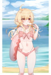 Rule 34 | 1girl, absurdres, beach, bikini, blue sky, cloud, cloudy sky, collarbone, commentary request, food, food in mouth, frilled bikini, frills, genshin impact, hair between eyes, hair ornament, highres, holding, holding food, horizon, innertube, jumpy dumpty, klee (genshin impact), light brown hair, long hair, looking away, low twintails, navel, ocean, orange eyes, pink bikini, pointy ears, popsicle, popsicle in mouth, shache zhan, sidelocks, sky, solo, stomach, swim ring, swimsuit, twintails, wristband