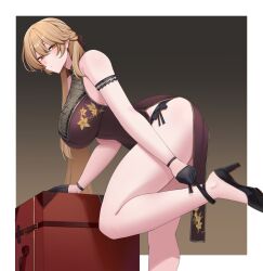 1girl ant_k bare_legs bent_over black_gloves black_shoes blonde_hair breasts brown_eyes china_dress chinese_clothes commentary dress floral_print foot_out_of_frame from_side girls&#039;_frontline girls&#039;_frontline_2:_exilium gloves groza_(girls&#039;_frontline_2) half_gloves high_heels highres large_breasts legs long_hair looking_at_viewer looking_to_the_side official_alternate_costume ots-14_(girls&#039;_frontline) ots-14_(sangria_succulent)_(girls&#039;_frontline) shoes sleeveless sleeveless_dress solo standing standing_on_one_leg