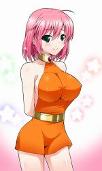 Rule 34 | 1990s (style), 1girl, ahoge, arms behind back, bad id, bad pixiv id, bare arms, bare legs, bare shoulders, blouse, blush, breasts, dress, eyes visible through hair, final fantasy, final fantasy v, gradient background, green eyes, hair between eyes, jewelry, large breasts, lenna charlotte tycoon, looking at viewer, neck, necklace, orange dress, orange shirt, pink background, pink hair, retro artstyle, revealing clothes, shirt, short dress, short hair, sideboob, sleeveless, sleeveless dress, smile, solo, square enix, star (symbol), starry background, tamane, white background