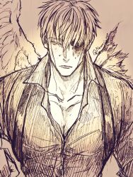 Rule 34 | 1boy, blood, blood on face, collarbone, collared shirt, hair down, highres, jujutsu kaisen, looking at viewer, male focus, nanami kento, nekonii, parted lips, shirt, short hair, sketch, solo, suspenders, torn wings, wings