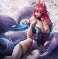 Rule 34 | 1girl, absurdres, ahri (league of legends), animal ears, bare hips, bare shoulders, bell, between breasts, blue eyes, breasts, cleavage, collar, finger to mouth, fingernails, flower, fox, fox ears, fox girl, fox tail, hair bell, hair ornament, highres, japanese clothes, kimono, kimono pull, large breasts, league of legends, leaning back, licking, nail polish, naughty face, petals, pink hair, qinzeduomexiong, ribbon, sitting, spirit blossom ahri, tail, thighhighs, tongue, tongue out, user ckwy2838, white thighhighs