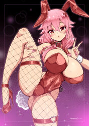 Rule 34 | 1girl, animal ears, bare shoulders, blush, breasts, cleavage, covered navel, fake animal ears, fishnets, guilty crown, hair ornament, hairclip, highleg, huge breasts, large breasts, leotard, long hair, looking at viewer, open mouth, pink hair, playboy bunny, rabbit ears, red eyes, red leotard, solo, strapless, strapless leotard, twintails, virus-g, yuzuriha inori