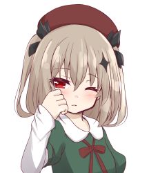Rule 34 | 1girl, beret, black bow, blush, bow, brown hat, brown ribbon, collared shirt, dot nose, green shirt, grey hair, hair between eyes, hair bow, hat, highres, irina kushu, kyousuke (orcein), layered sleeves, long sleeves, magia record: mahou shoujo madoka magica gaiden, mahou shoujo madoka magica, neck ribbon, one eye closed, parted lips, puffy short sleeves, puffy sleeves, red eyes, ribbon, rubbing eyes, school uniform, shirt, short over long sleeves, short sleeves, simple background, sleepy, solo, sparkle hair ornament, st. liliana&#039;s academy school uniform, two side up, upper body, white background, white sleeves