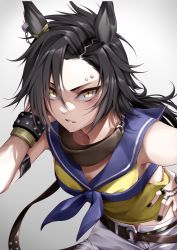Rule 34 | 1girl, air shakur (umamusume), animal ears, armlet, bare shoulders, belt, black hair, black nails, bracelet, breasts, brown belt, commentary, ear tag, english commentary, eyebrow piercing, eyelashes, fingernails, grey background, hand on own hip, highres, horse ears, horse girl, horse tail, jewelry, long sleeves, medium breasts, nail polish, open mouth, parted bangs, parted lips, piercing, shirt, short shorts, shorts, simple background, sleeveless, sleeveless shirt, solo, spiked bracelet, spikes, standing, tail, takagi mitsukuni, tattoo, teeth, thigh strap, torn clothes, torn shorts, umamusume, upper body, white shorts, yellow eyes, yellow shirt, ||/