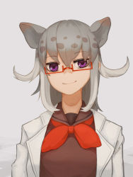 Rule 34 | 1girl, animal ears, babirusa (kemono friends), brown shirt, commentary request, don3, extra ears, glasses, grey hair, kemono friends, lab coat, light brown hair, looking at viewer, medium hair, multicolored hair, neckerchief, pig ears, purple eyes, red neckerchief, shirt, smile, solo, upper body, white hair