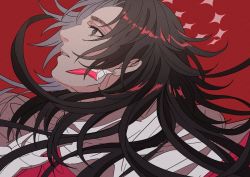 Rule 34 | 1boy, black eyes, black hair, cloak, constantine xi (fate), curtained hair, earrings, fate/grand order, fate (series), halo, jewelry, kimiruun, long hair, looking up, male focus, parted lips, portrait, profile, red background, simple background, solo, white cloak
