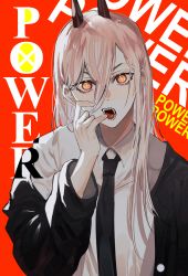 Rule 34 | 1girl, 3o c, black jacket, black necktie, chainsaw man, cross-shaped pupils, demon horns, english text, fangs, finger to mouth, highres, horns, jacket, jacket on shoulders, long hair, looking at viewer, necktie, pink hair, power (chainsaw man), red background, red eyes, scope, shirt, solo, symbol-shaped pupils, white shirt