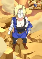 Rule 34 | 1girl, absurdres, android 18, belt, blonde hair, blue eyes, bob cut, boots, breasts, cleavage, clenched hand, derivative work, dragon ball, dragonball z, etzelin, from above, highres, large breasts, messy hair, outdoors, pantyhose, redrawn, rock, screenshot redraw, shirt, skirt, solo, torn clothes, torn pantyhose