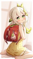 Rule 34 | 1girl, :o, absurdres, backpack, bag, bare arms, bare shoulders, barefoot, blush, commentary request, crime prevention buzzer, dress, frilled dress, frills, genshin impact, green eyes, green hair, hair between eyes, highres, looking at viewer, looking back, multicolored hair, nahida (genshin impact), parted lips, randoseru, setmen, side ponytail, sleeveless, sleeveless dress, solo, two-tone hair, white hair, yellow dress