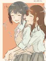 Rule 34 | 2girls, blue shirt, brown hair, brown sweater vest, collared shirt, commentary request, closed eyes, from side, grey skirt, heart, highres, hug, hug from behind, long hair, miyama09215, multiple girls, necktie, original, parted lips, pink necktie, pleated skirt, school uniform, shirt, skirt, sleeves rolled up, smile, striped necktie, sweater vest, translation request, yuri