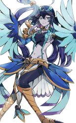 Rule 34 | 1girl, absurdres, armor, bare shoulders, beads, blue eyes, blue feathers, breasts, colored skin, duel monster, feathers, feet out of frame, grey eyes, grey skin, hair beads, hair ornament, hands up, harpy, hat, helmet, highres, large breasts, long hair, lyrilusc - ensemblue robin, midriff, monster girl, multicolored eyes, navel, purple hair, red eyes, redrawn, shoulder armor, sideboob, simple background, skirt, smile, solo, tasutekete, very long hair, white background, winged arms, wings, yu-gi-oh!