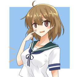 Rule 34 | 1girl, ahoge, bandaid, bandaid on face, blue background, blue neckerchief, blue sailor collar, border, breasts, brown eyes, brown hair, commentary request, fang, kantai collection, looking at viewer, medium breasts, neckerchief, oboro (kancolle), one-hour drawing challenge, open mouth, pointing, pointing at self, sailor collar, school uniform, serafuku, shiba (zudha), short hair, solo, twitter username, two-tone background, white border