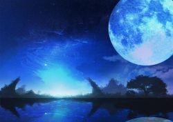 Rule 34 | blue theme, cloud, full moon, highres, moon, night, night sky, no humans, original, reflection, scenery, sky, sorakuma (oycue41), star (sky), starry sky, tree, water