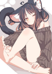 Rule 34 | 1girl, ahoge, animal ear fluff, animal ears, barefoot, black hair, blush, brown hair, brown sweater, cat ears, cat tail, closed mouth, commentary, daidai ookami, highres, long hair, long sleeves, multicolored hair, off-shoulder sweater, off shoulder, one eye closed, original, ribbed sweater, solo, sweater, tail, toes, yellow eyes