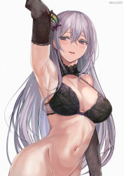 Rule 34 | 1girl, arm up, armpits, bare shoulders, black bra, black gloves, blush, bottomless, bra, breasts, butterfly hair ornament, cleavage, collarbone, colored eyelashes, echidna (re:zero), elbow gloves, gloves, hair between eyes, hair ornament, large breasts, long hair, looking at viewer, misaka 12003-gou, navel, open mouth, out-of-frame censoring, parted lips, purple eyes, re:zero kara hajimeru isekai seikatsu, silver hair, simple background, smile, solo, sweat, underwear