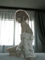 Rule 34 | 1girl, bare shoulders, bedroom, blue eyes, closed mouth, commentary request, curtains, dark room, girls&#039; frontline, highres, light rays, multicolored hair, on bed, oversized clothes, oversized shirt, pink hair, shirt, side ponytail, st ar-15 (girls&#039; frontline), streaked hair, tacshojosora, white shirt, window