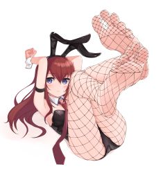 Rule 34 | 1girl, alternate costume, animal ears, ass, black leotard, blue eyes, blush, brown hair, commentary request, detached collar, fake animal ears, feet, fishnet pantyhose, fishnets, foot focus, foreshortening, hair between eyes, highres, kahlua (artist), legs, legs up, leotard, looking at viewer, lying, makise kurisu, necktie, no shoes, on back, pantyhose, playboy bunny, rabbit ears, rabbit tail, red necktie, soles, solo, steins;gate, strapless, strapless leotard, tail, toes, white background, wrist cuffs